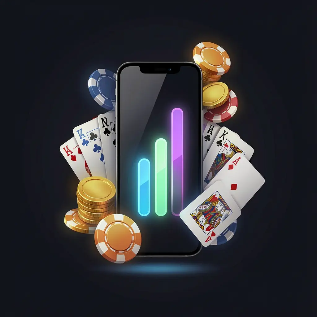 JL707 casino app installation on smartphone with glowing progress bar, surrounded by coins, chips, and cards on a dark background