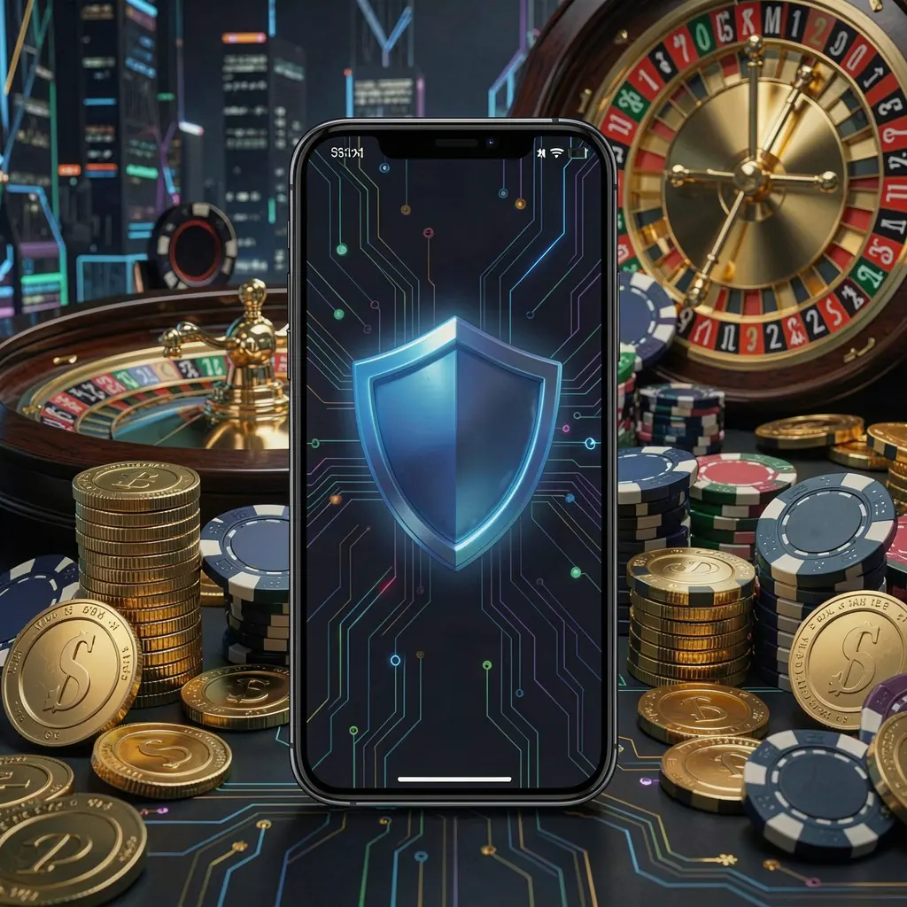 JL707 secure mobile casino login screen showing a phone with a shield icon, roulette wheel, poker chips, and golden coins in a dark cyber luxury atmosphere