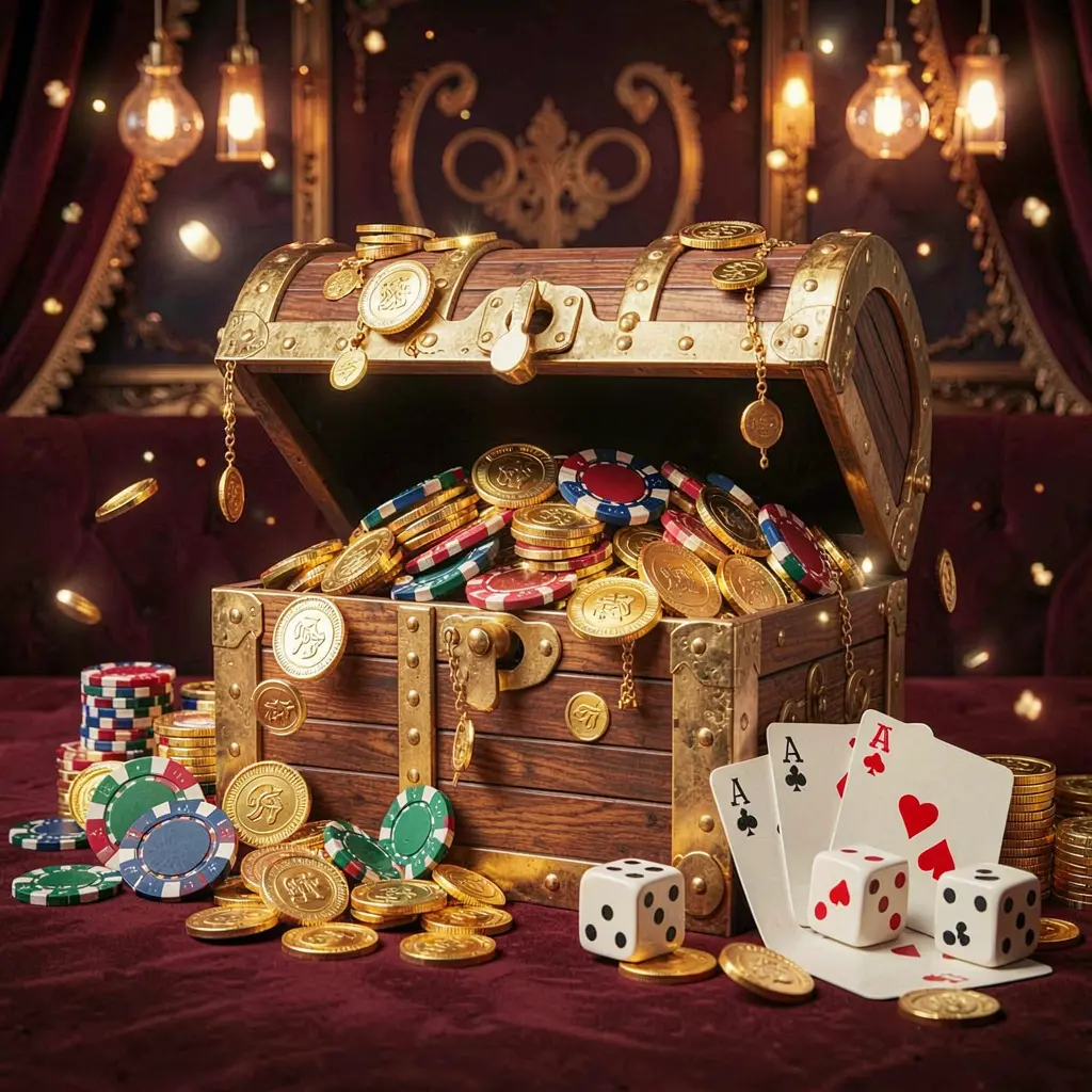 JL707 online casino welcome banner featuring a treasure chest filled with golden coins and casino chips, playing cards and dice nearby against a dark luxury background creating a festive premium atmosphere